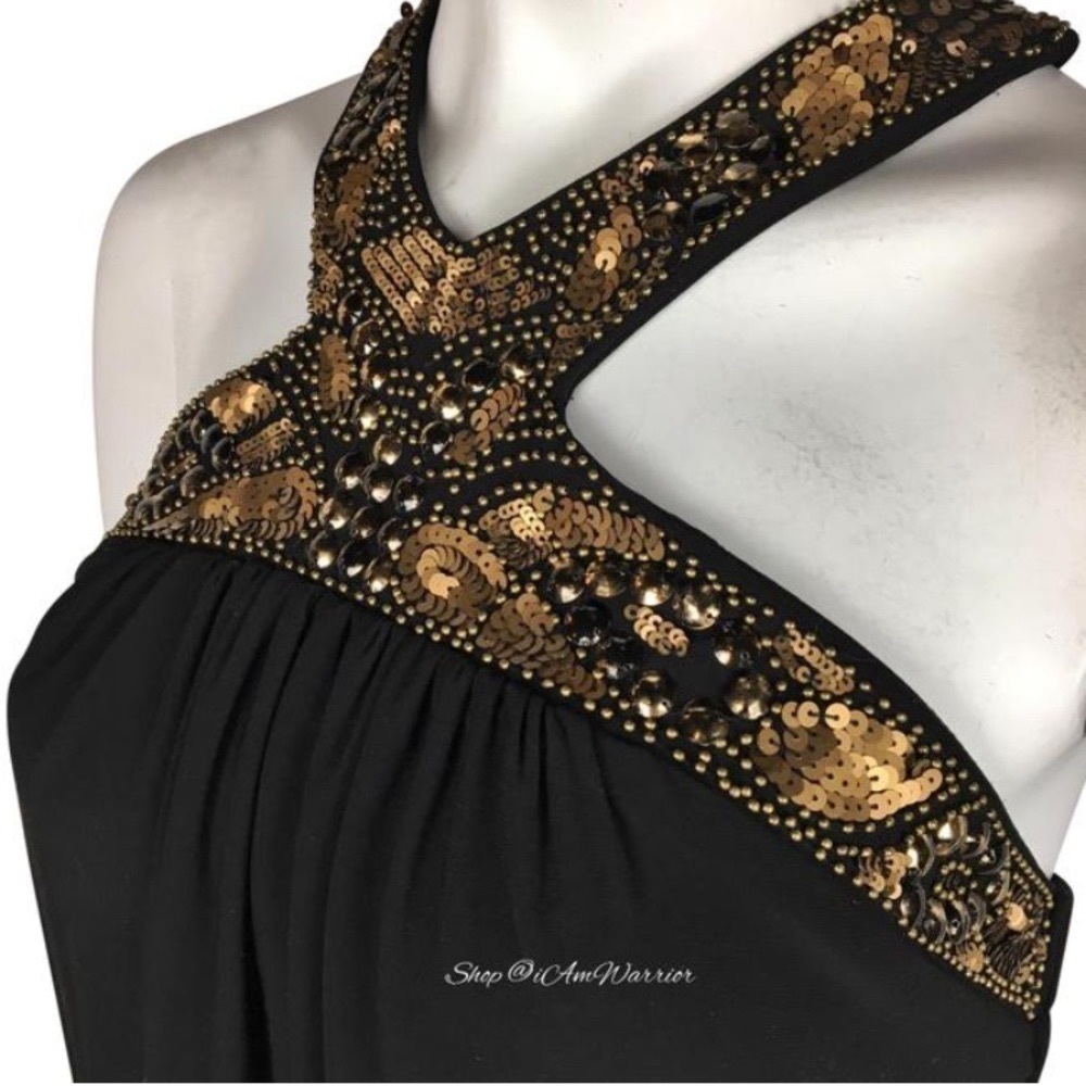 Cache Bronze Beaded Sequin Stretchy Halter Top *S… - image 2